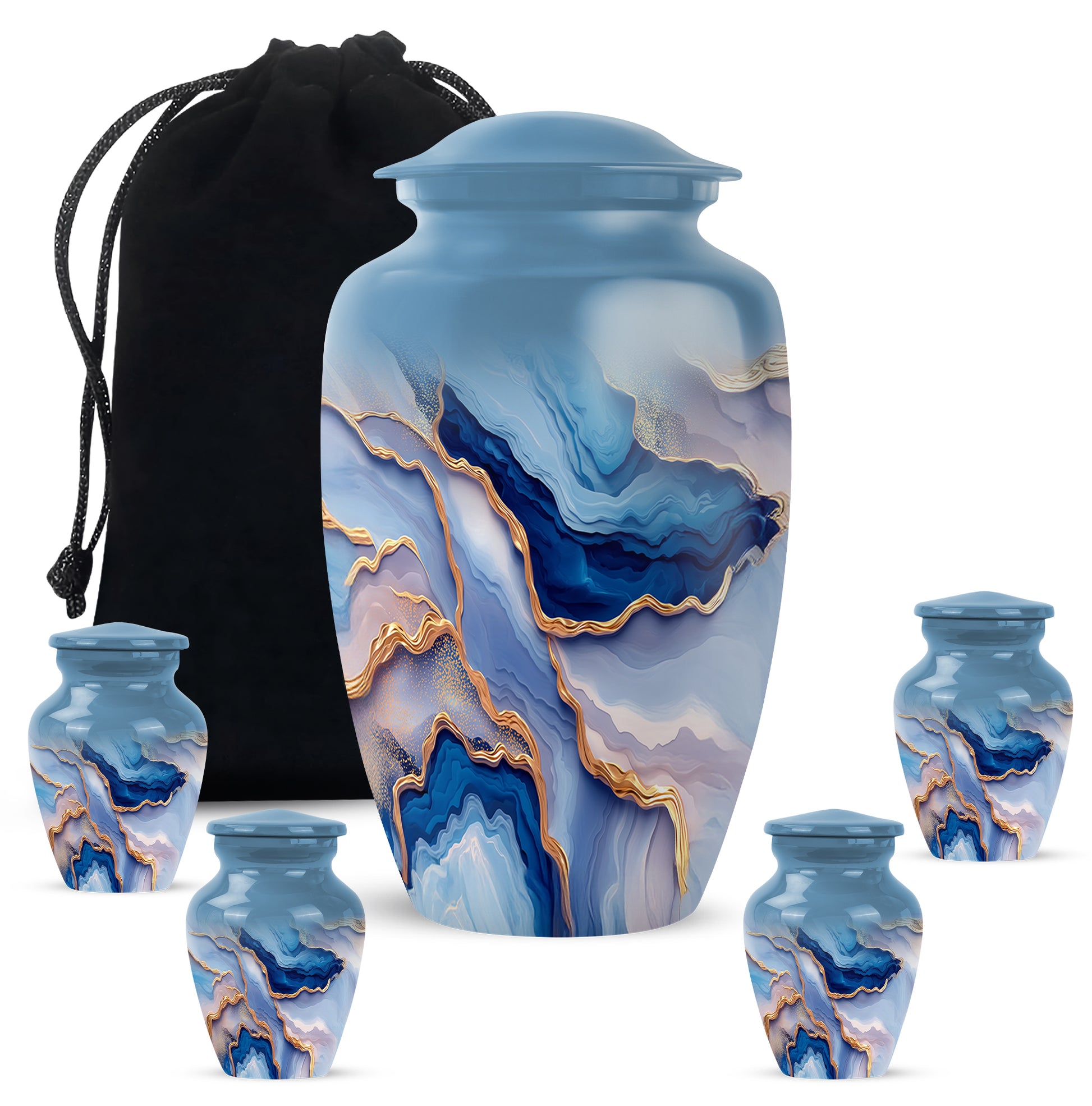 Soft Blue Blue Cremation Urn top-down view of secure threaded lid - traditional blue engraving with hand-polished finish - memorial set with one large and four small urns