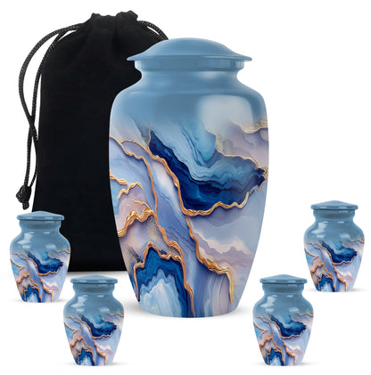Soft Blue Blue Cremation Urn top-down view of secure threaded lid - traditional blue engraving with hand-polished finish - memorial set with one large and four small urns