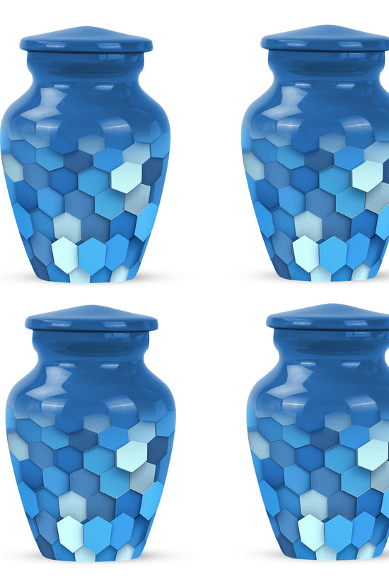 Misty Blue Blue Cremation Urn side profile showing urn shape - classic sculpted blue pattern on smooth aluminum - 10 inch aluminum urn for cremated remains