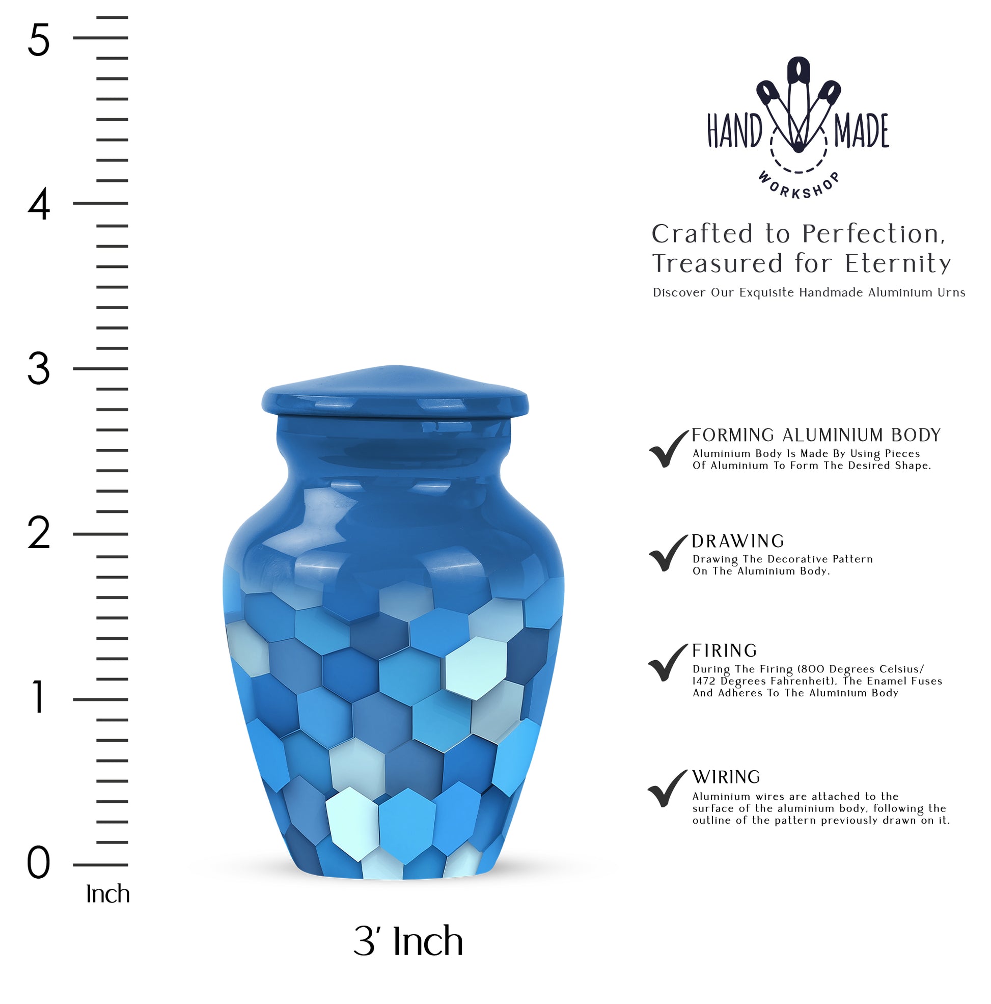 Misty Blue Blue Cremation Urn close-up of engraving and surface detail - classic sculpted blue pattern on smooth aluminum - mini keepsake memorial for portion of cremation ashes