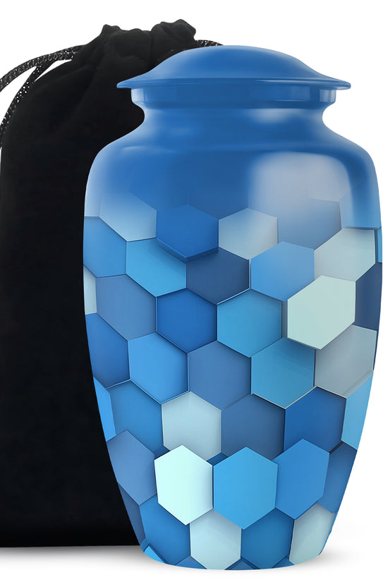 Royal Blue Blue Cremation Urn angled view of lid and engraved motif - elegant classic blue relief with fine detailing - full-size 10 inch 200 cubic inch adult cremation urn