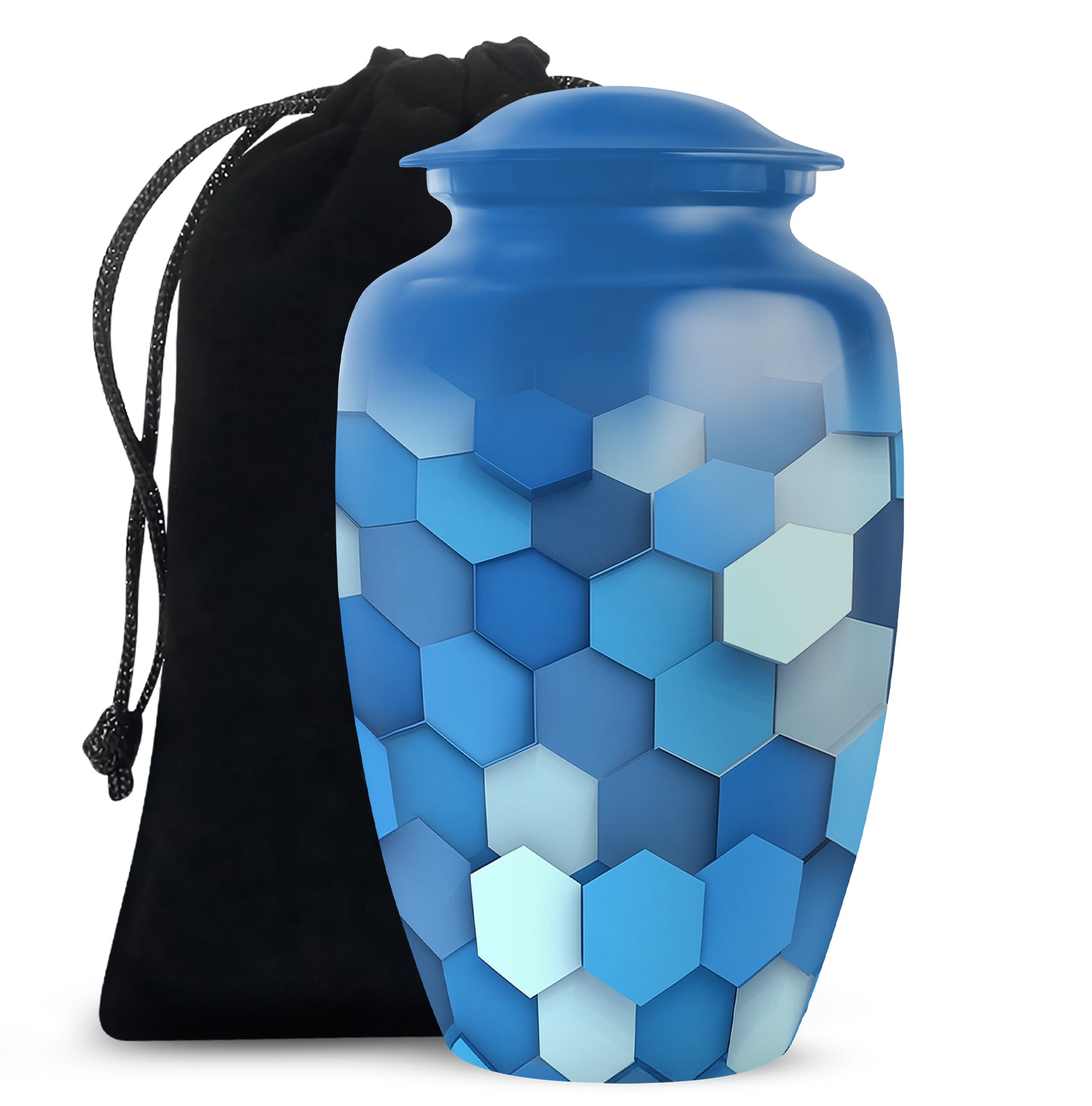Royal Blue Blue Cremation Urn angled view of lid and engraved motif - elegant classic blue relief with fine detailing - full-size 10 inch 200 cubic inch adult cremation urn