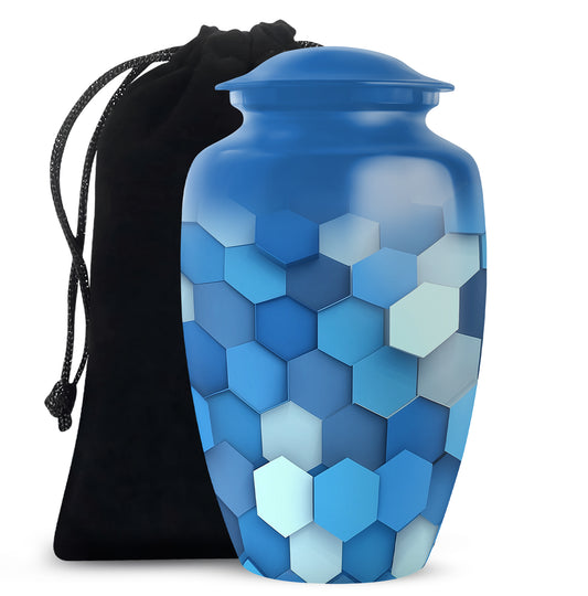 Royal Blue Blue Cremation Urn angled view of lid and engraved motif - elegant classic blue relief with fine detailing - full-size 10 inch 200 cubic inch adult cremation urn