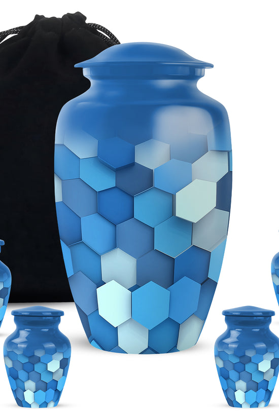 Bright Blue Blue Cremation Urn top-down view of secure threaded lid - traditional blue engraving with hand-polished finish - memorial set with one large and four small urns