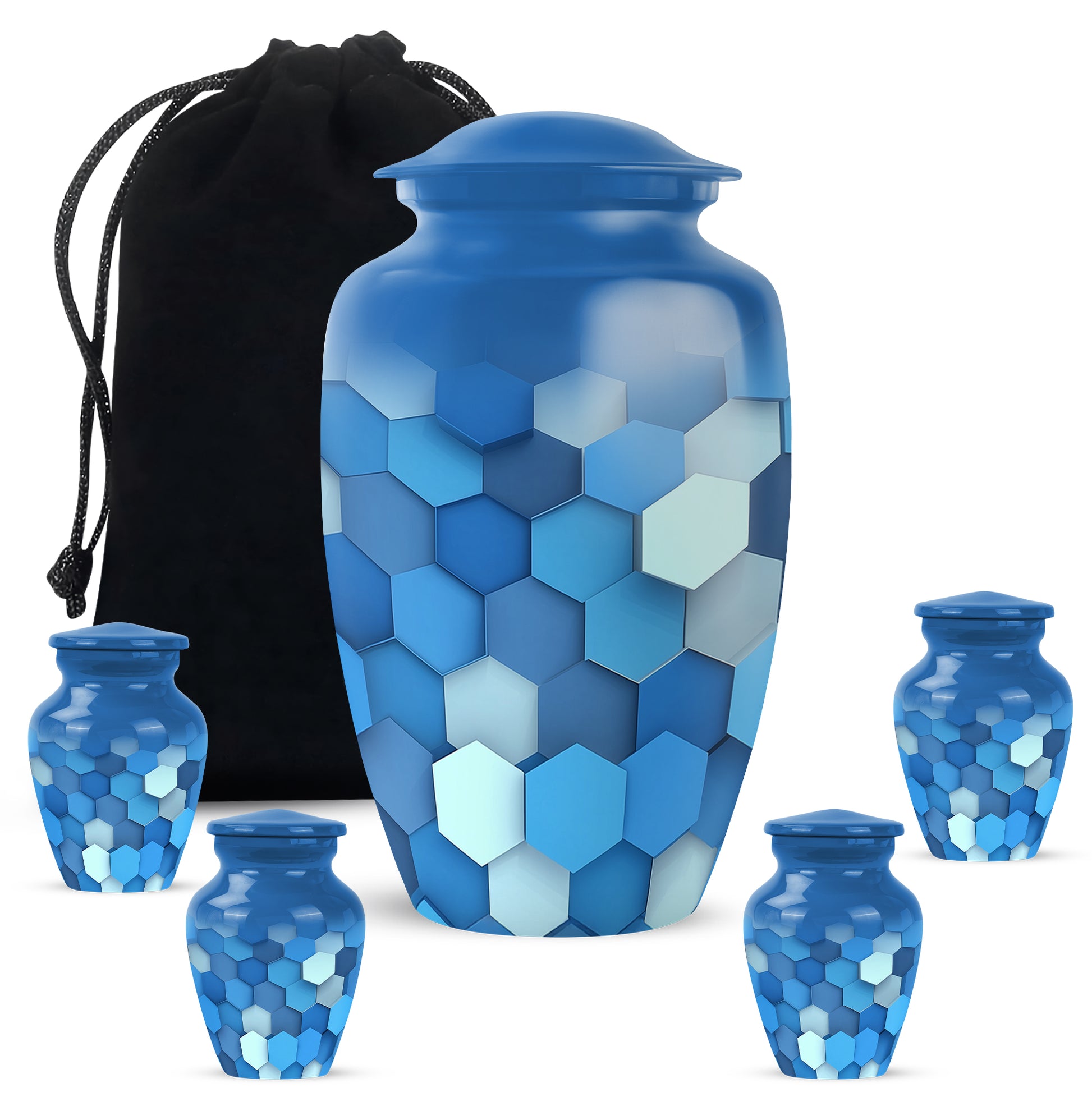 Bright Blue Blue Cremation Urn top-down view of secure threaded lid - traditional blue engraving with hand-polished finish - memorial set with one large and four small urns