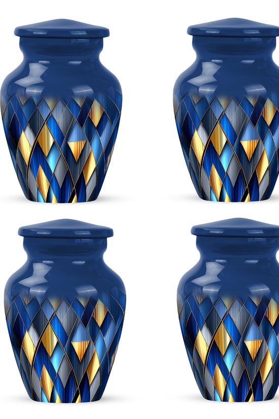 Soft Blue Blue Cremation Urn side profile showing urn shape - elegant classic blue relief with fine detailing - 10 inch aluminum urn for cremated remains