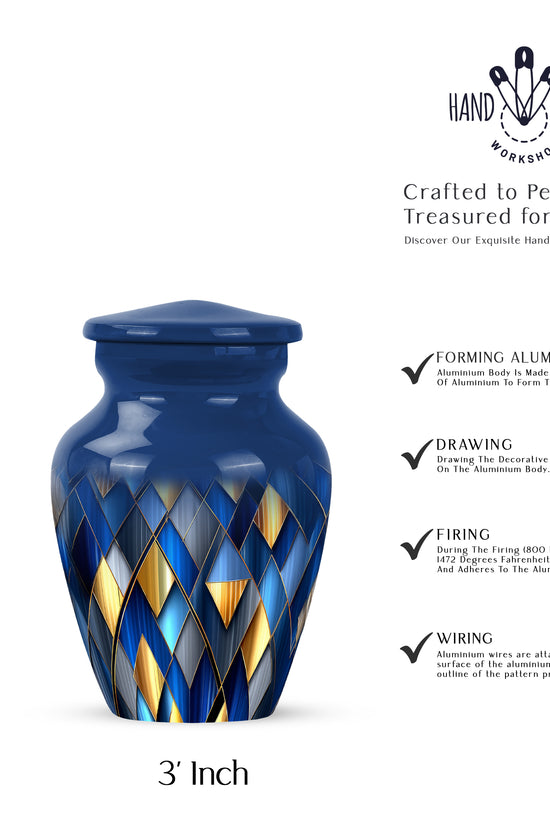 Bright Blue Blue Cremation Urn close-up of engraving and surface detail - traditional blue engraving with hand-polished finish - mini keepsake memorial for portion of cremation ashes
