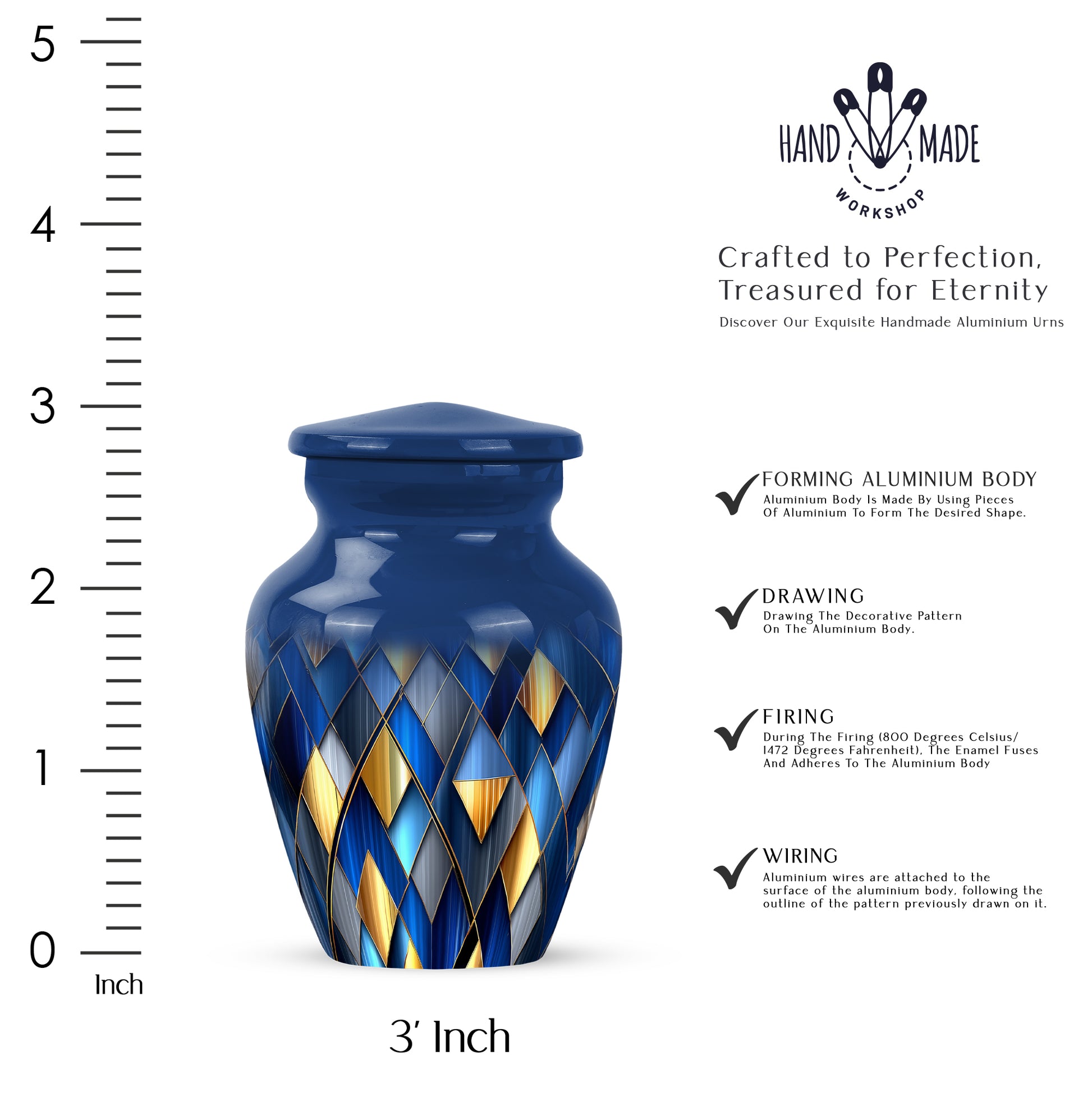 Bright Blue Blue Cremation Urn close-up of engraving and surface detail - traditional blue engraving with hand-polished finish - mini keepsake memorial for portion of cremation ashes