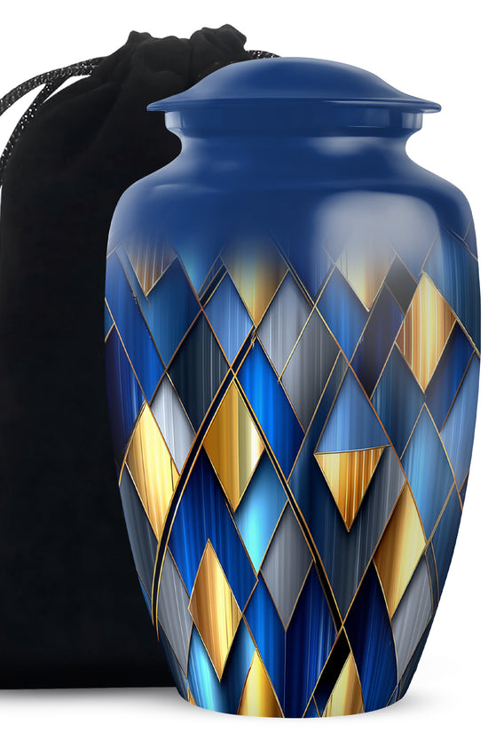 Royal Blue Blue Cremation Urn angled view of lid and engraved motif - traditional blue engraving with hand-polished finish - full-size 10 inch 200 cubic inch adult cremation urn