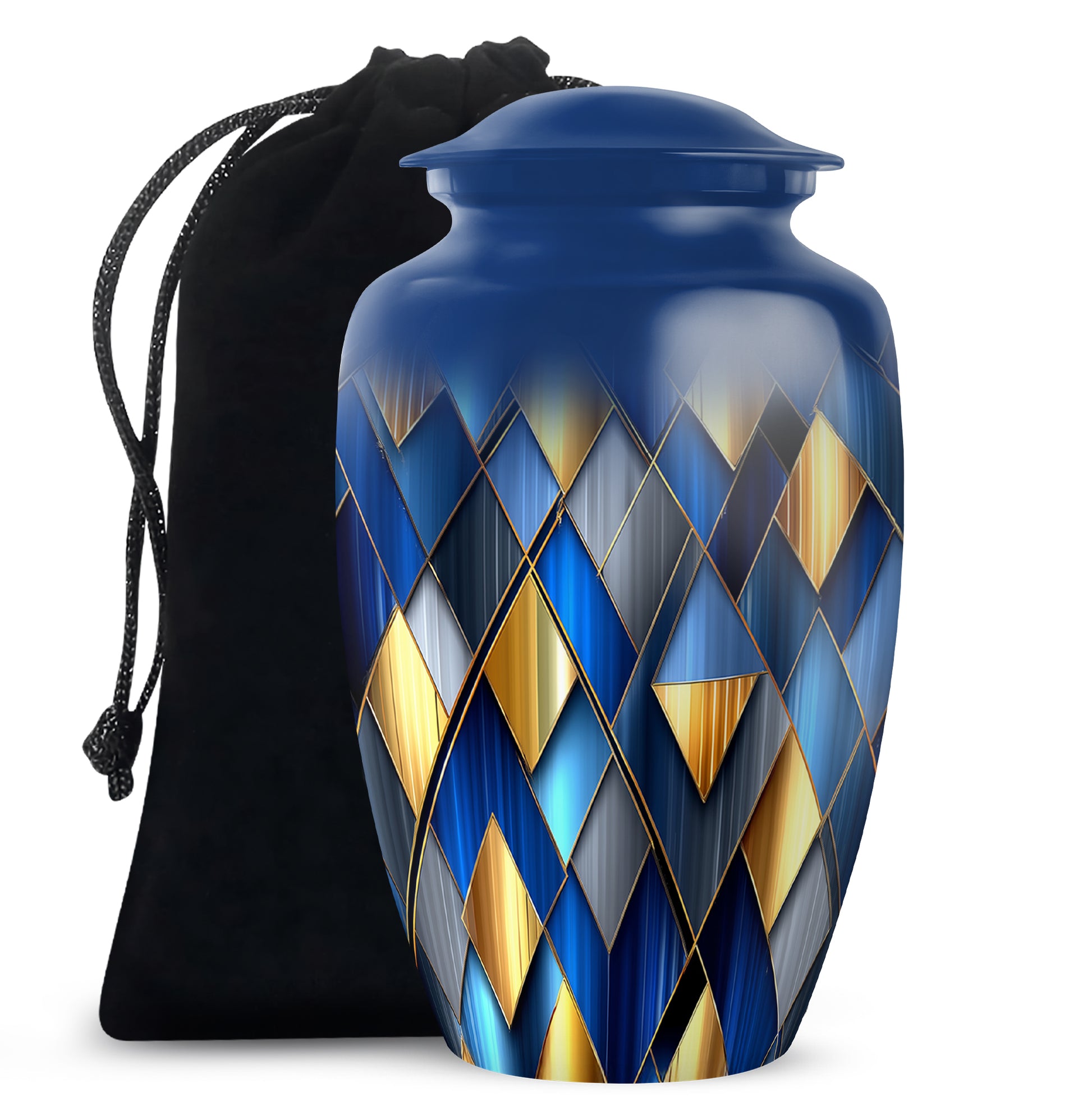 Royal Blue Blue Cremation Urn angled view of lid and engraved motif - traditional blue engraving with hand-polished finish - full-size 10 inch 200 cubic inch adult cremation urn