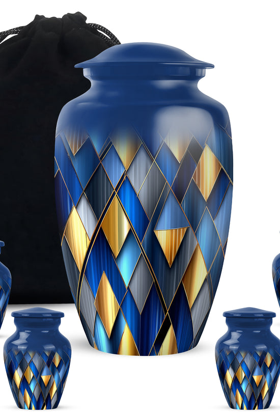 Dusty Blue Blue Cremation Urn top-down view of secure threaded lid - classic sculpted blue pattern on smooth aluminum - memorial set with one large and four small urns