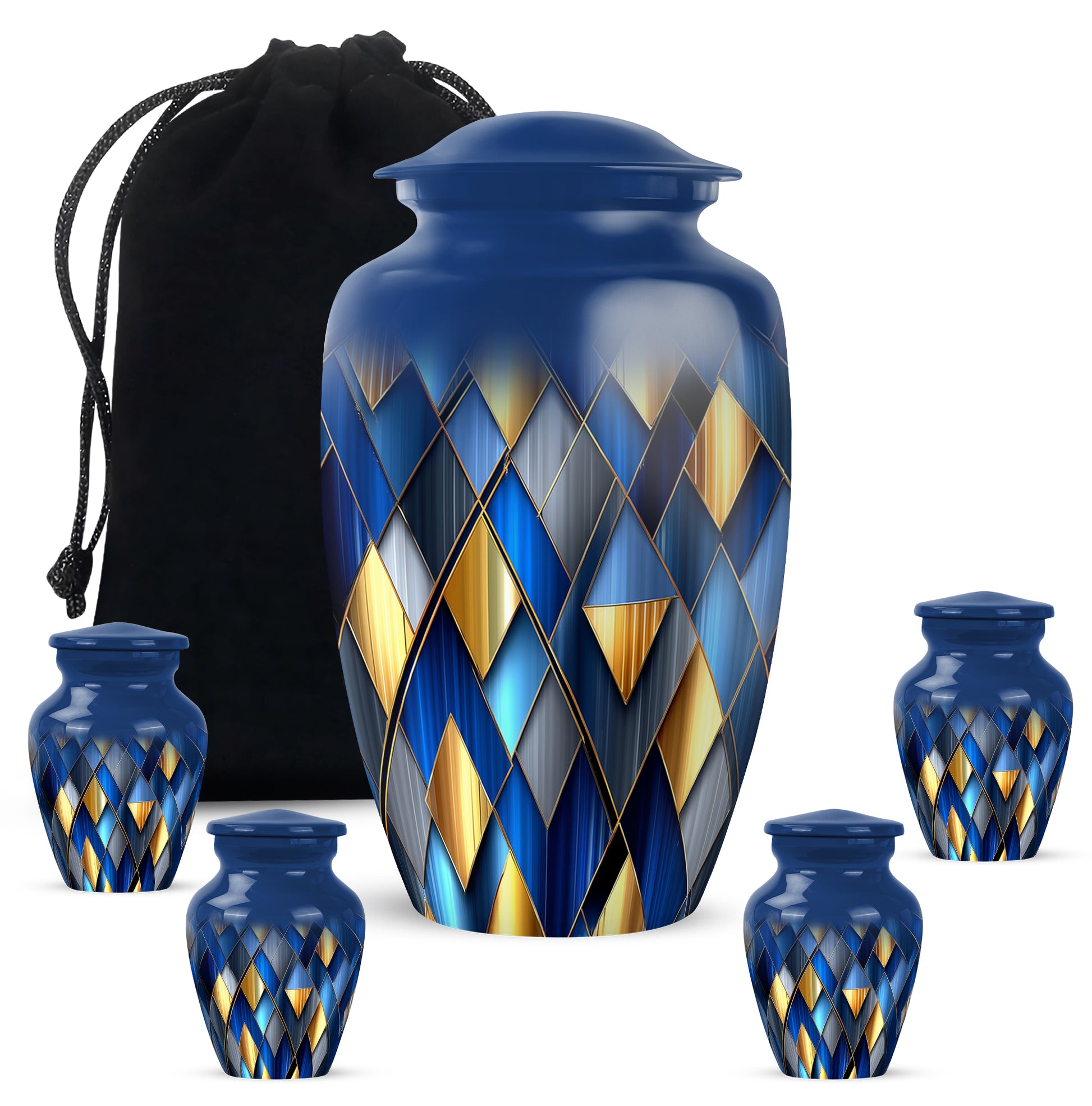 Dusty Blue Blue Cremation Urn top-down view of secure threaded lid - classic sculpted blue pattern on smooth aluminum - memorial set with one large and four small urns