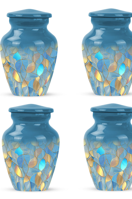 Soft Blue Blue Cremation Urn side profile showing urn shape - traditional blue engraving with hand-polished finish - 10 inch aluminum urn for cremated remains