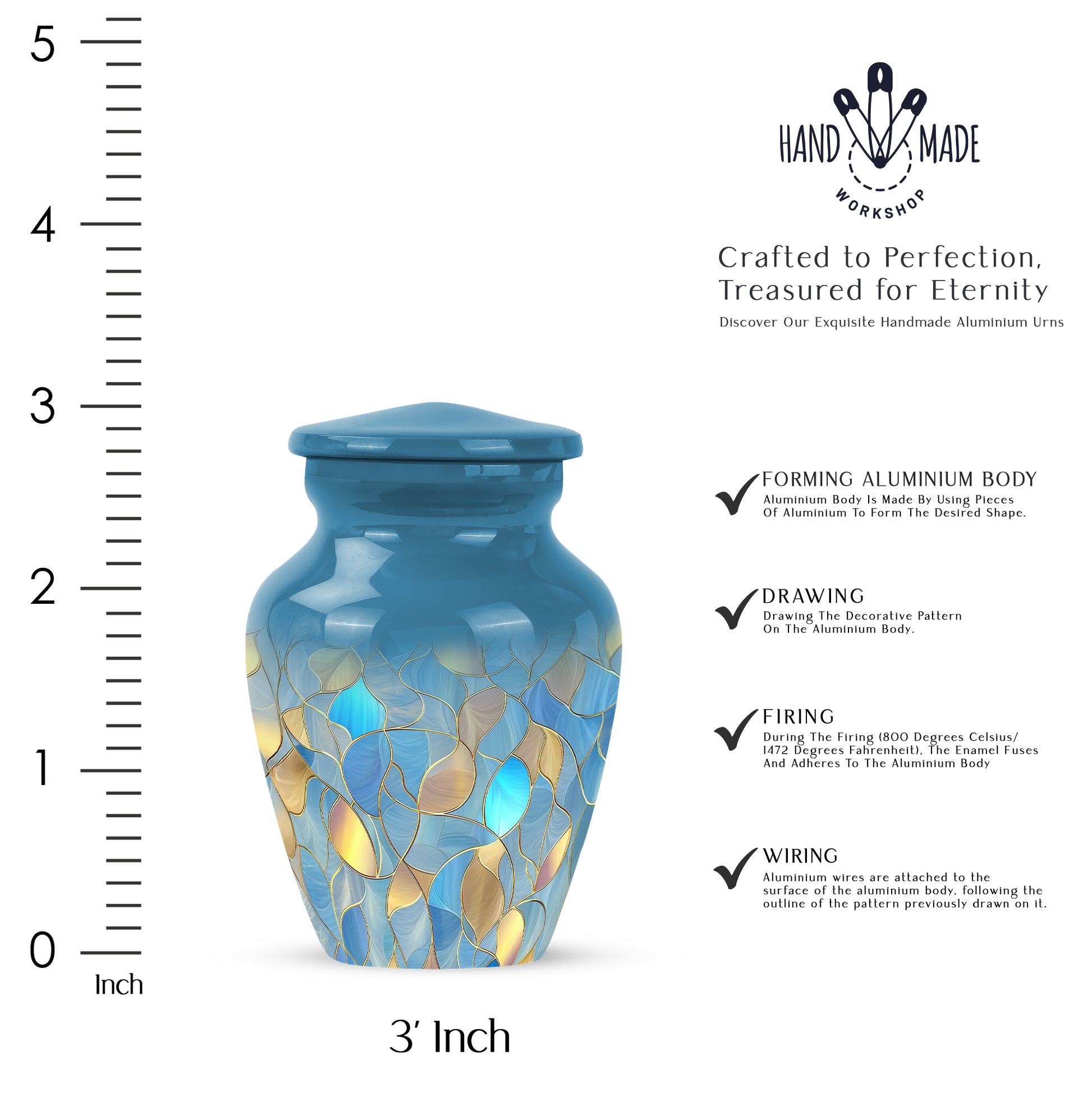 Sky Blue Blue Cremation Urn close-up of engraving and surface detail - classic sculpted blue pattern on smooth aluminum - mini keepsake memorial for portion of cremation ashes