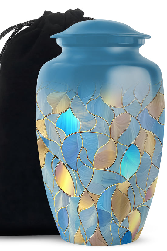 Navy Blue Blue Cremation Urn angled view of lid and engraved motif - classic sculpted blue pattern on smooth aluminum - full-size 10 inch 200 cubic inch adult cremation urn