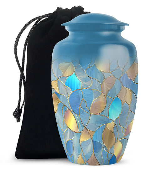 Navy Blue Blue Cremation Urn angled view of lid and engraved motif - classic sculpted blue pattern on smooth aluminum - full-size 10 inch 200 cubic inch adult cremation urn