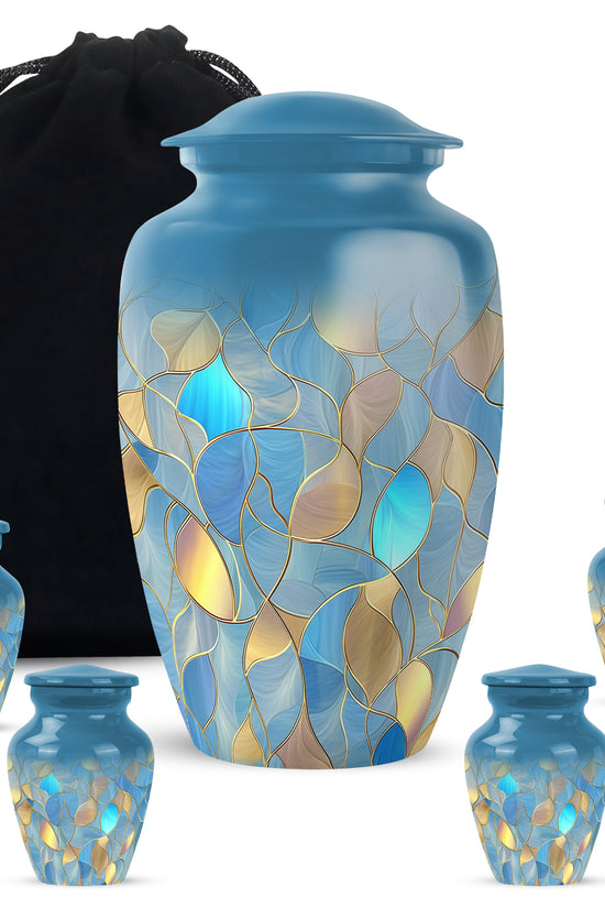 Pastel Blue Blue Cremation Urn top-down view of secure threaded lid - classic sculpted blue pattern on smooth aluminum - memorial set with one large and four small urns