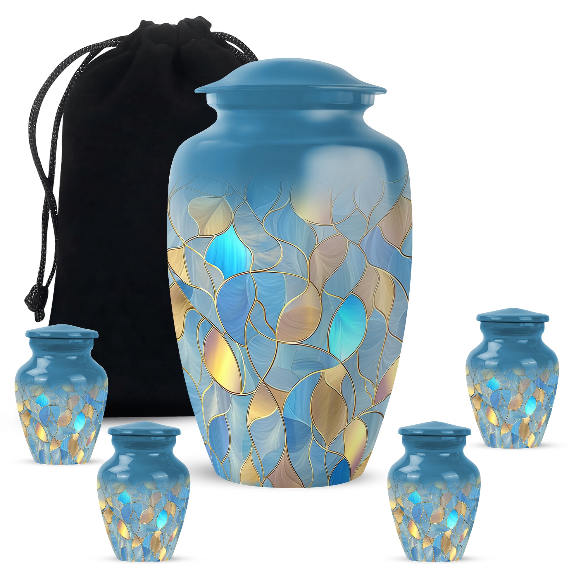 Pastel Blue Blue Cremation Urn top-down view of secure threaded lid - classic sculpted blue pattern on smooth aluminum - memorial set with one large and four small urns