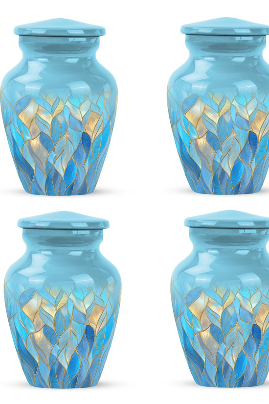 Indigo Blue Cremation Urn side profile showing urn shape - classic sculpted blue pattern on smooth aluminum - 10 inch aluminum urn for cremated remains