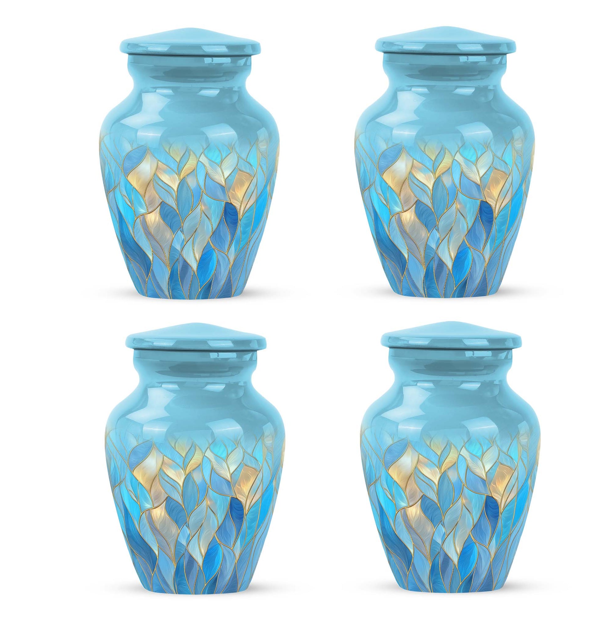 Indigo Blue Cremation Urn side profile showing urn shape - classic sculpted blue pattern on smooth aluminum - 10 inch aluminum urn for cremated remains
