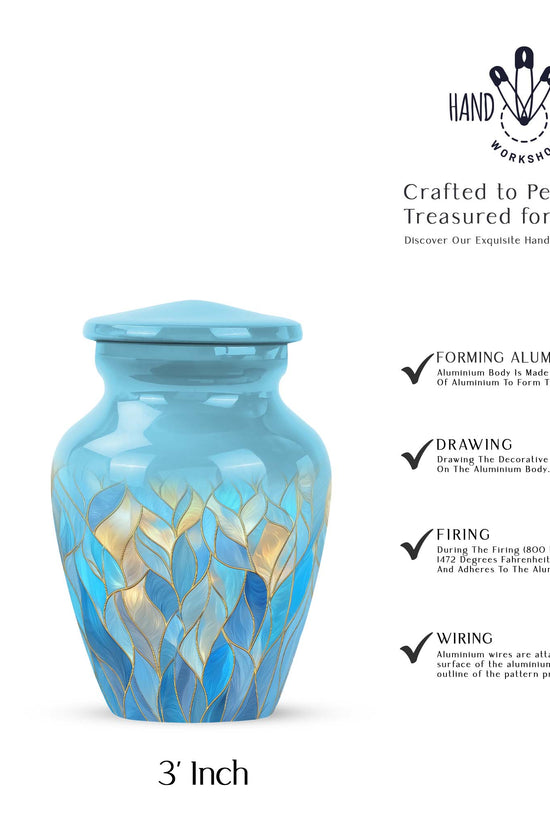 Celestial Blue Blue Cremation Urn close-up of engraving and surface detail - timeless blue motif etched into premium metal - mini keepsake memorial for portion of cremation ashes