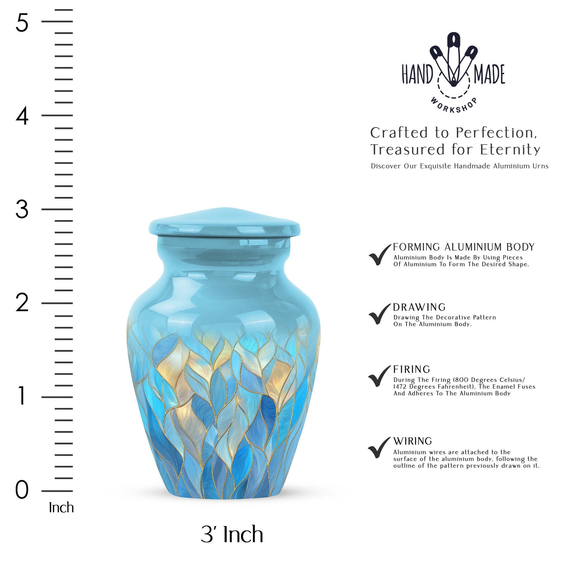 Celestial Blue Blue Cremation Urn close-up of engraving and surface detail - timeless blue motif etched into premium metal - mini keepsake memorial for portion of cremation ashes