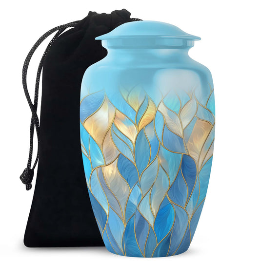 Sky Blue Blue Cremation Urn angled view of lid and engraved motif - timeless blue motif etched into premium metal - full-size 10 inch 200 cubic inch adult cremation urn