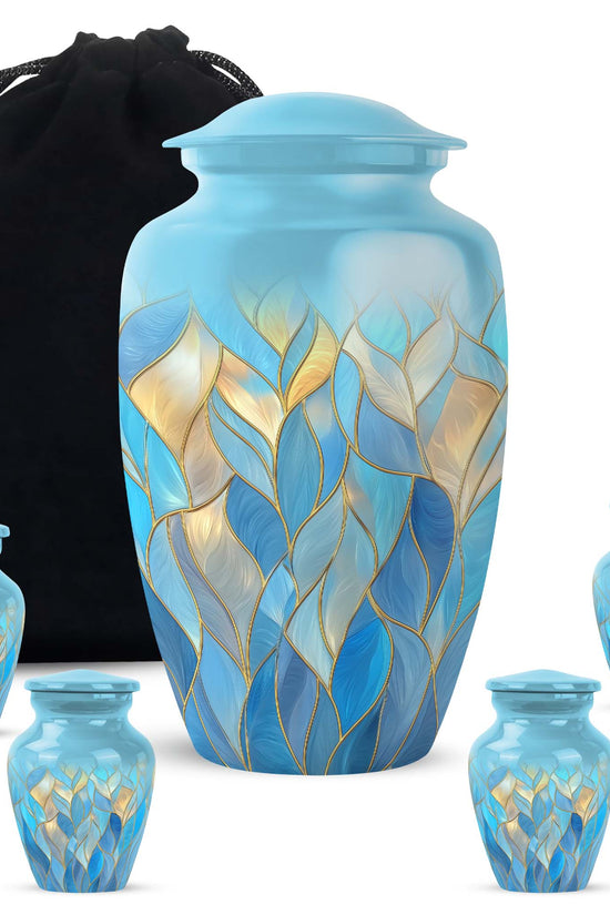Navy Blue Blue Cremation Urn top-down view of secure threaded lid - timeless blue motif etched into premium metal - memorial set with one large and four small urns