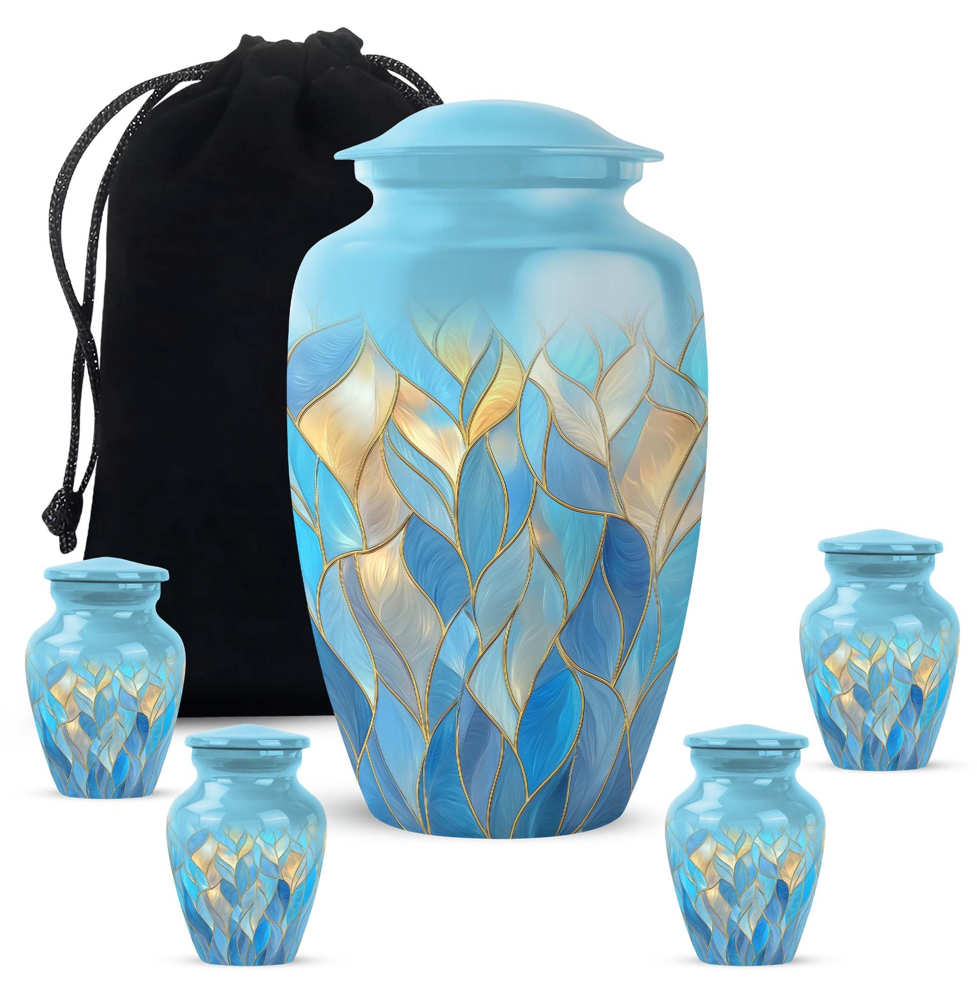 Navy Blue Blue Cremation Urn top-down view of secure threaded lid - timeless blue motif etched into premium metal - memorial set with one large and four small urns