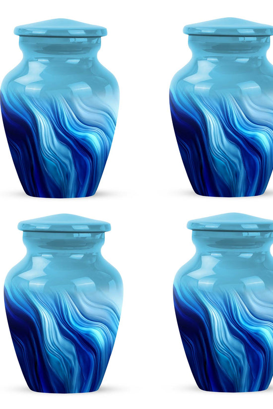 Royal Blue Blue Cremation Urn side profile showing urn shape - elegant classic blue relief with fine detailing - 10 inch aluminum urn for cremated remains