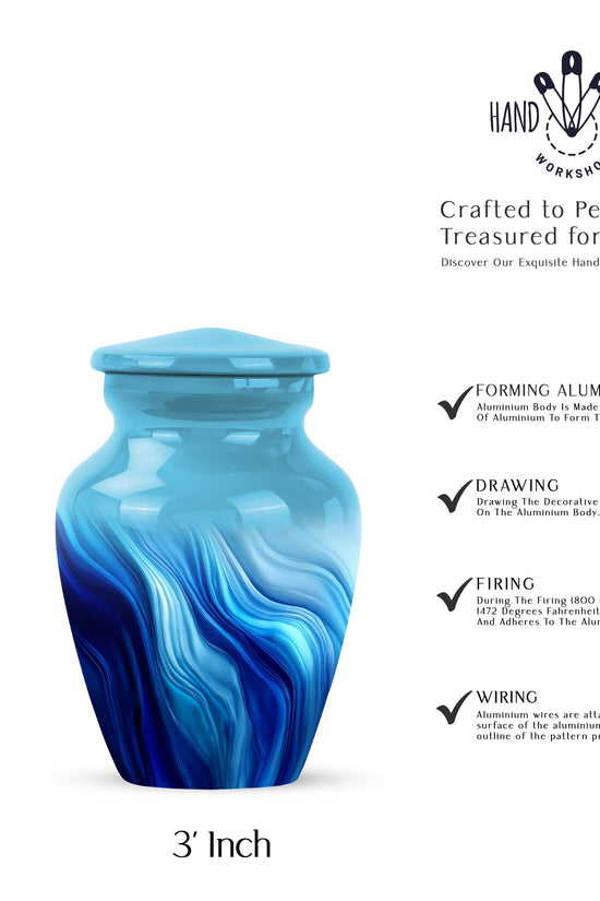 Bright Blue Blue Cremation Urn close-up of engraving and surface detail - elegant classic blue relief with fine detailing - mini keepsake memorial for portion of cremation ashes