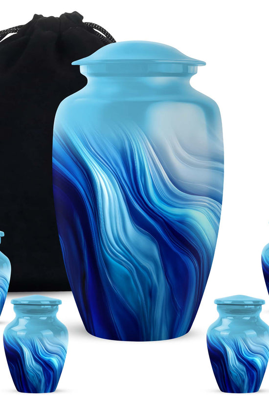Royal Blue Blue Cremation Urn top-down view of secure threaded lid - traditional blue engraving with hand-polished finish - memorial set with one large and four small urns