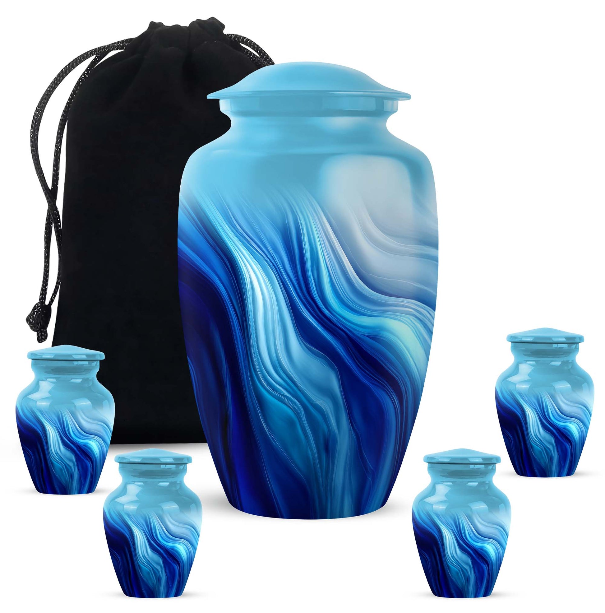 Royal Blue Blue Cremation Urn top-down view of secure threaded lid - traditional blue engraving with hand-polished finish - memorial set with one large and four small urns