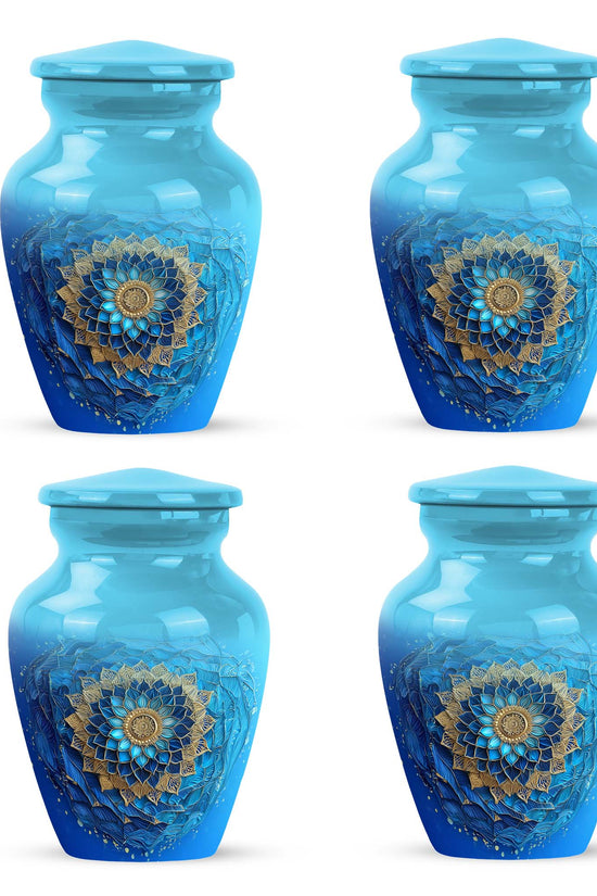 Vivid Teal Blue Cremation Urn side profile showing urn shape - traditional blue engraving with hand-polished finish - 10 inch aluminum urn for cremated remains