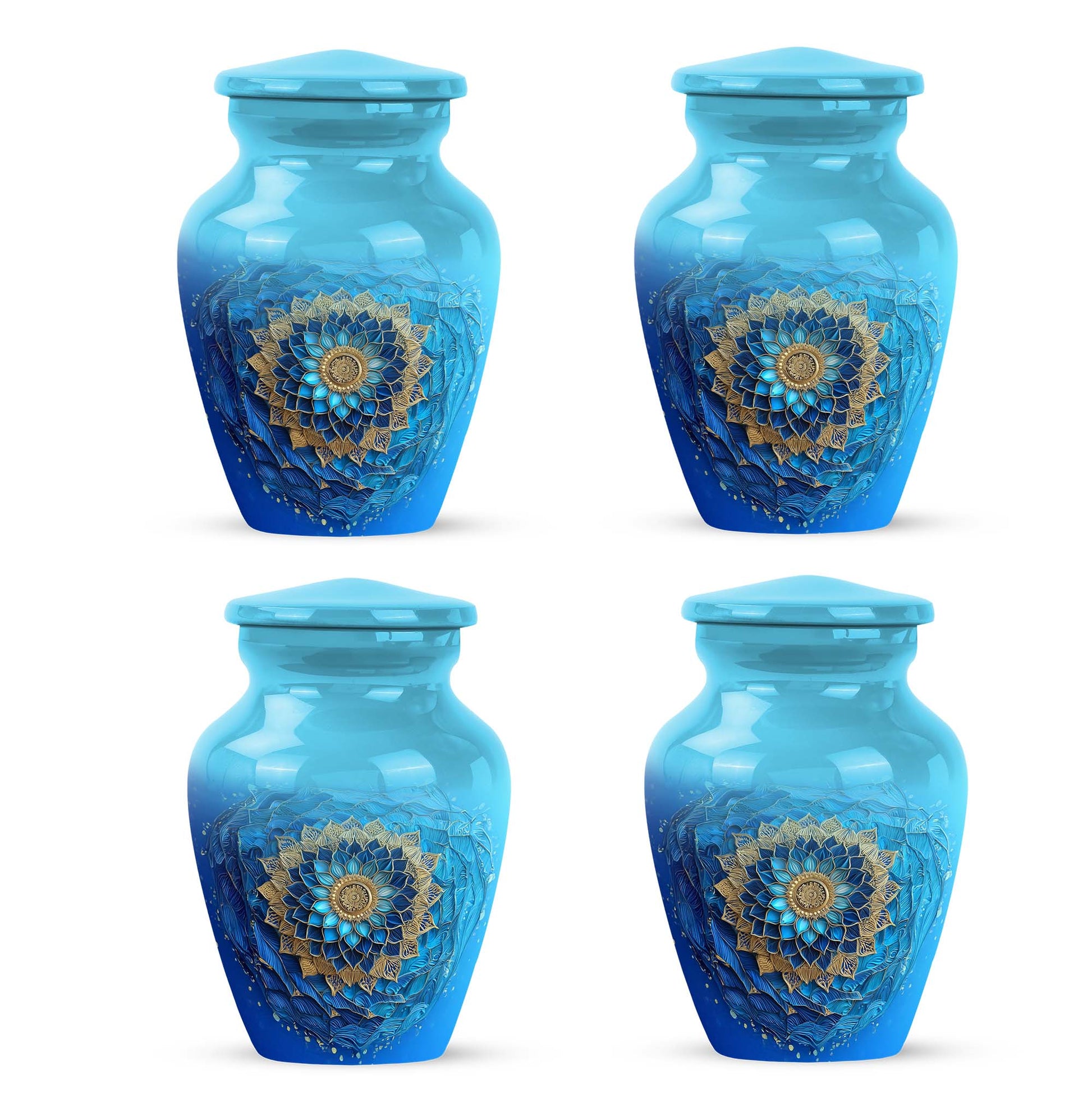 Vivid Teal Blue Cremation Urn side profile showing urn shape - traditional blue engraving with hand-polished finish - 10 inch aluminum urn for cremated remains