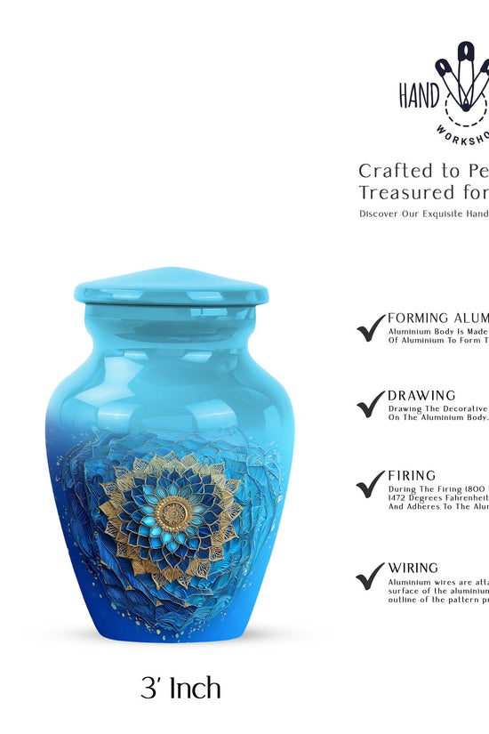 Tropical Teal Blue Cremation Urn close-up of engraving and surface detail - elegant classic blue relief with fine detailing - mini keepsake memorial for portion of cremation ashes