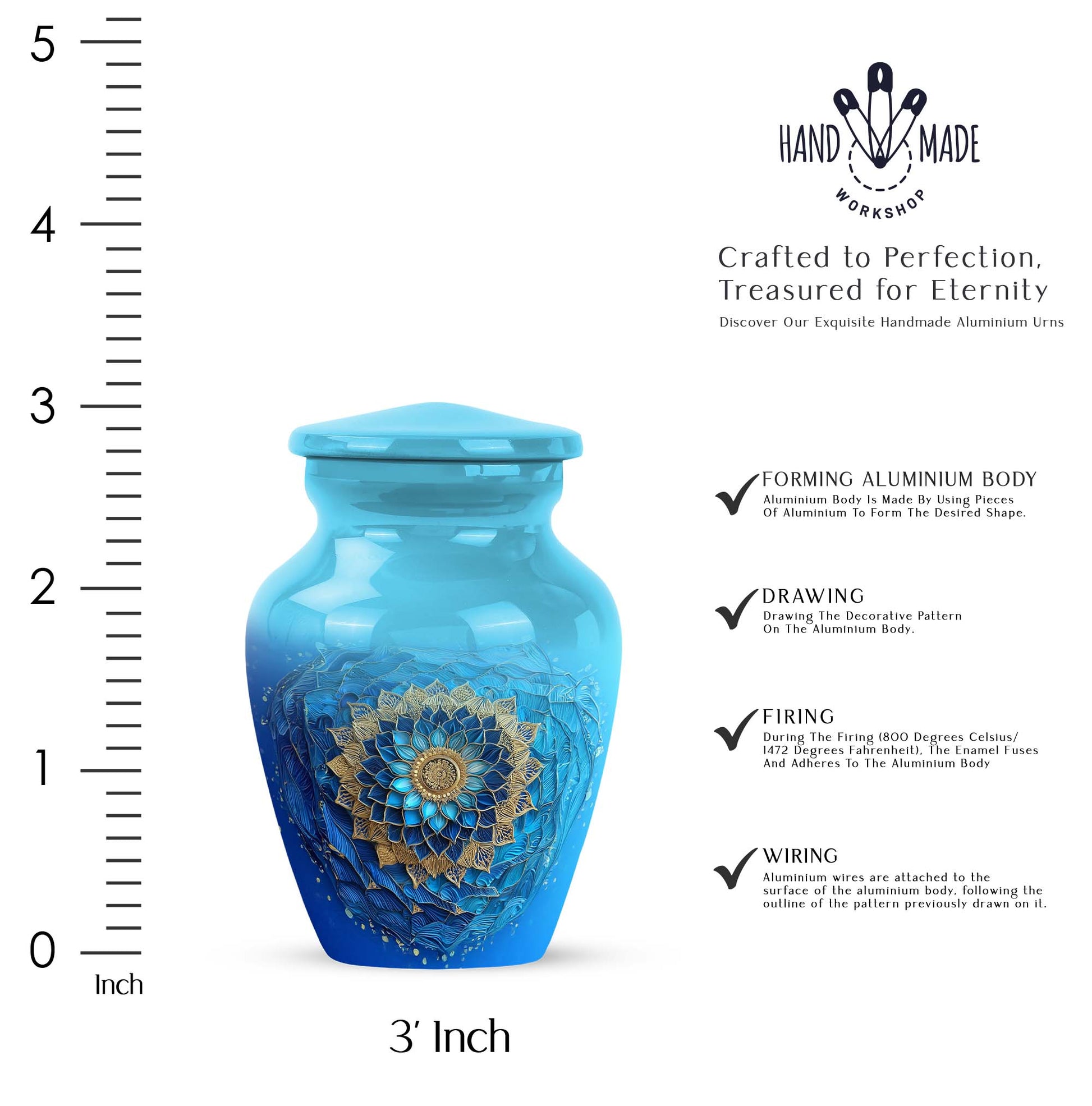 Tropical Teal Blue Cremation Urn close-up of engraving and surface detail - elegant classic blue relief with fine detailing - mini keepsake memorial for portion of cremation ashes