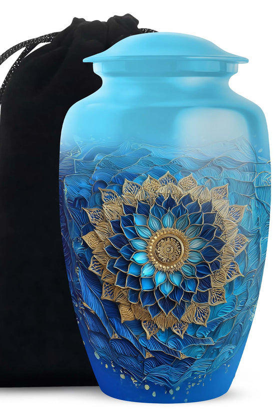Sea Green Teal Blue Cremation Urn angled view of lid and engraved motif - classic sculpted blue pattern on smooth aluminum - full-size 10 inch 200 cubic inch adult cremation urn