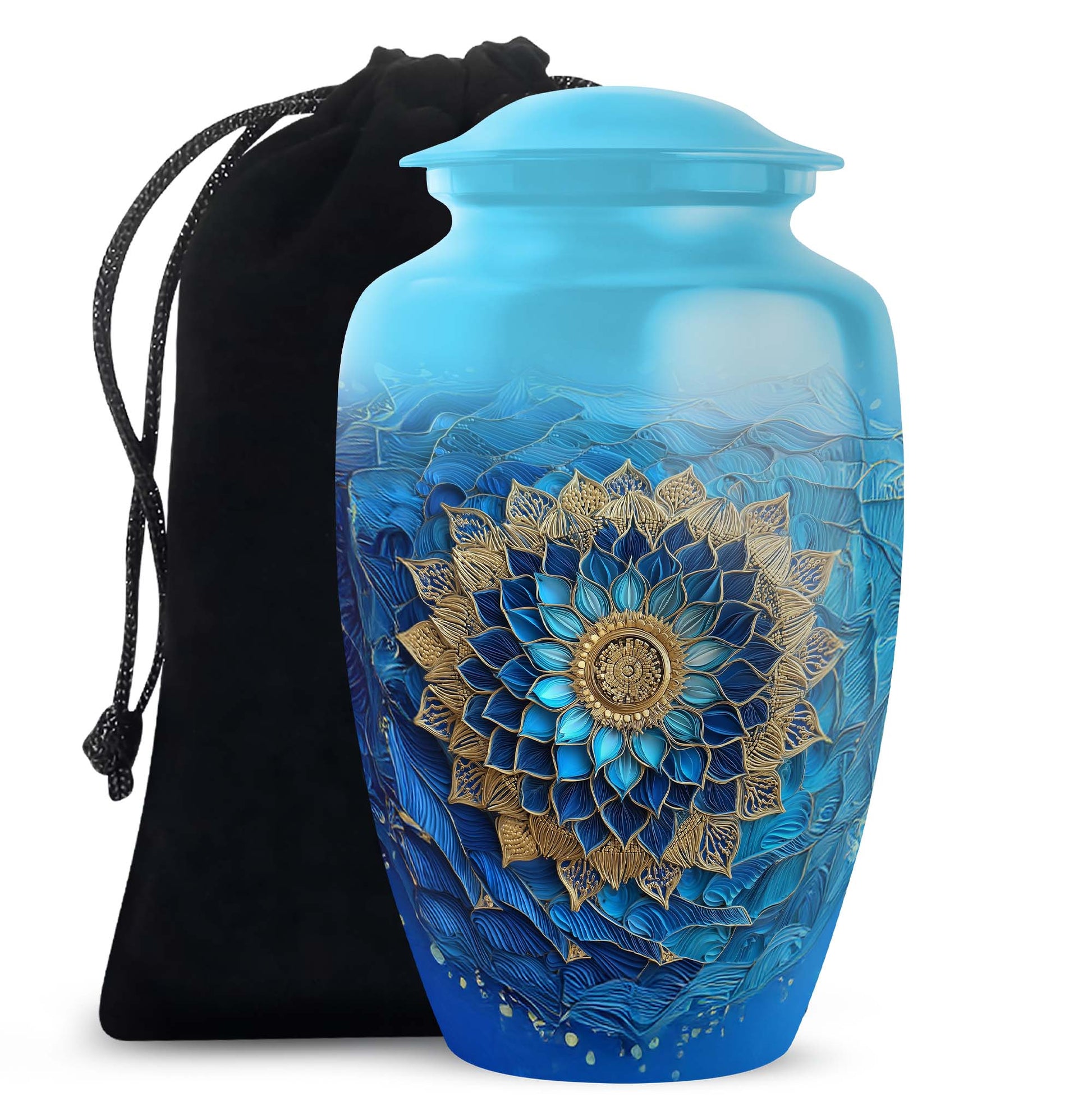 Sea Green Teal Blue Cremation Urn angled view of lid and engraved motif - classic sculpted blue pattern on smooth aluminum - full-size 10 inch 200 cubic inch adult cremation urn
