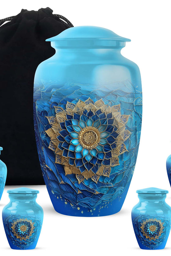 Mystic Teal Blue Cremation Urn top-down view of secure threaded lid - elegant classic blue relief with fine detailing - memorial set with one large and four small urns