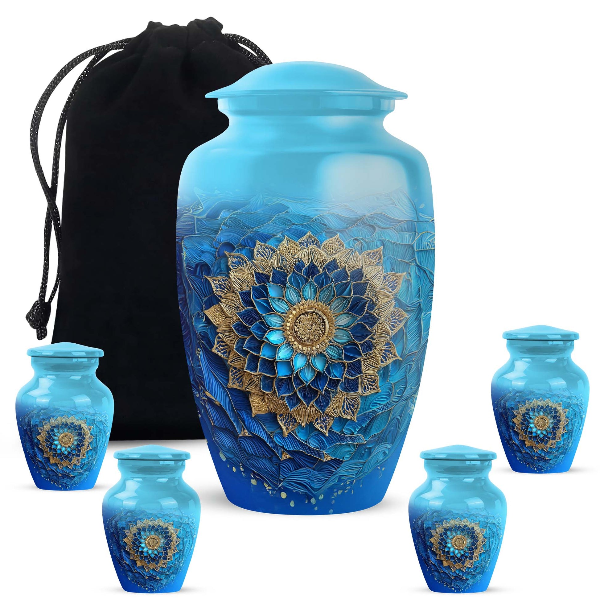 Mystic Teal Blue Cremation Urn top-down view of secure threaded lid - elegant classic blue relief with fine detailing - memorial set with one large and four small urns
