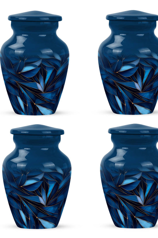 Slate Blue Blue Cremation Urn side profile showing urn shape - classic sculpted blue pattern on smooth aluminum - 10 inch aluminum urn for cremated remains