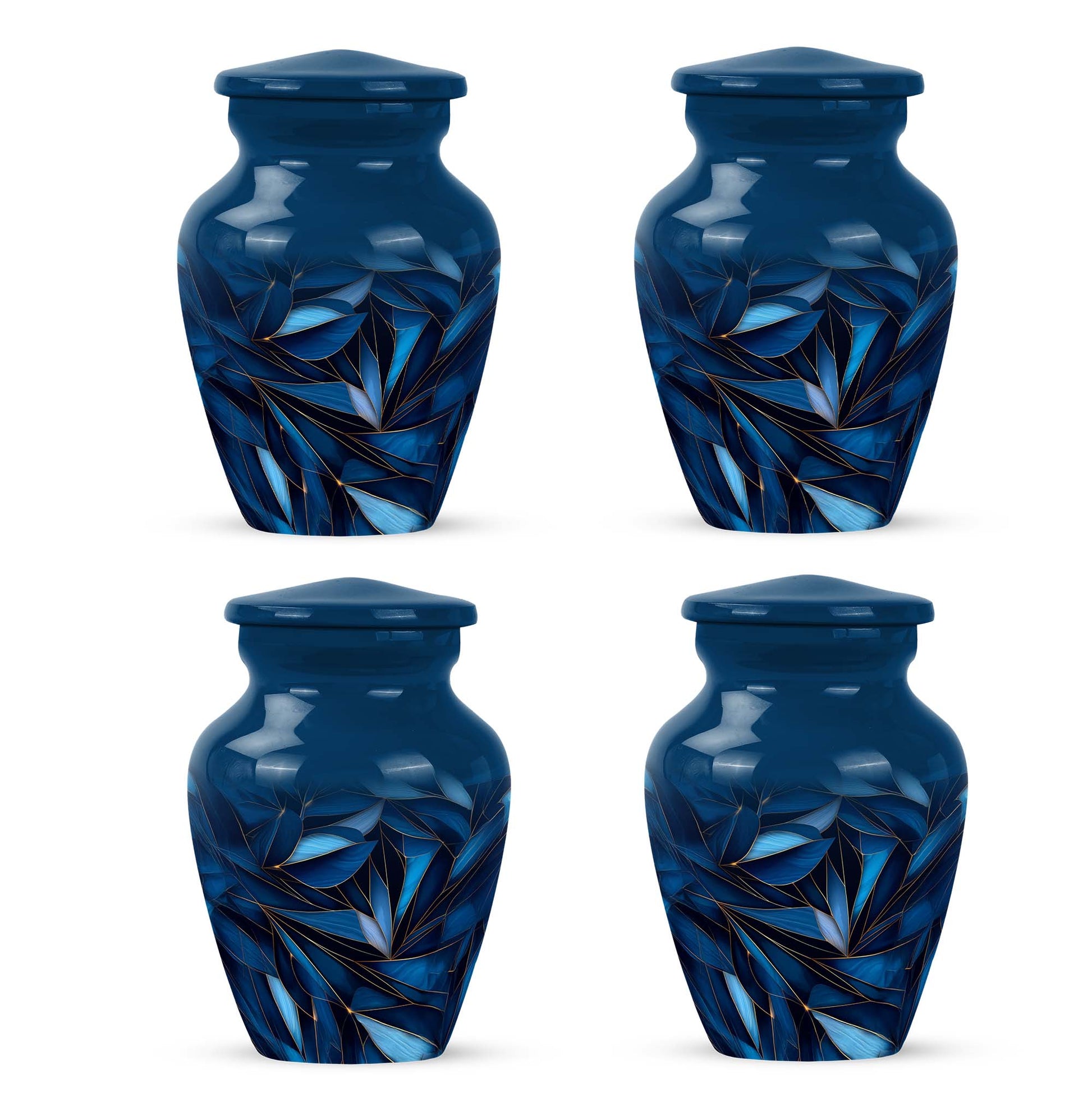 Slate Blue Blue Cremation Urn side profile showing urn shape - classic sculpted blue pattern on smooth aluminum - 10 inch aluminum urn for cremated remains