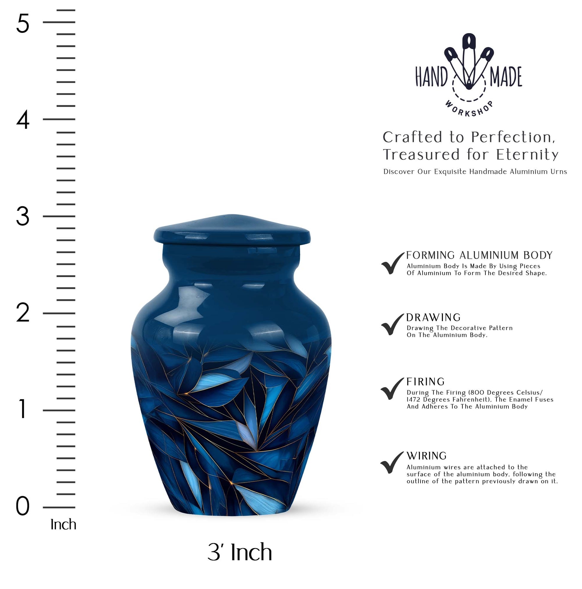 Indigo Blue Cremation Urn close-up of engraving and surface detail - classic sculpted blue pattern on smooth aluminum - mini keepsake memorial for portion of cremation ashes