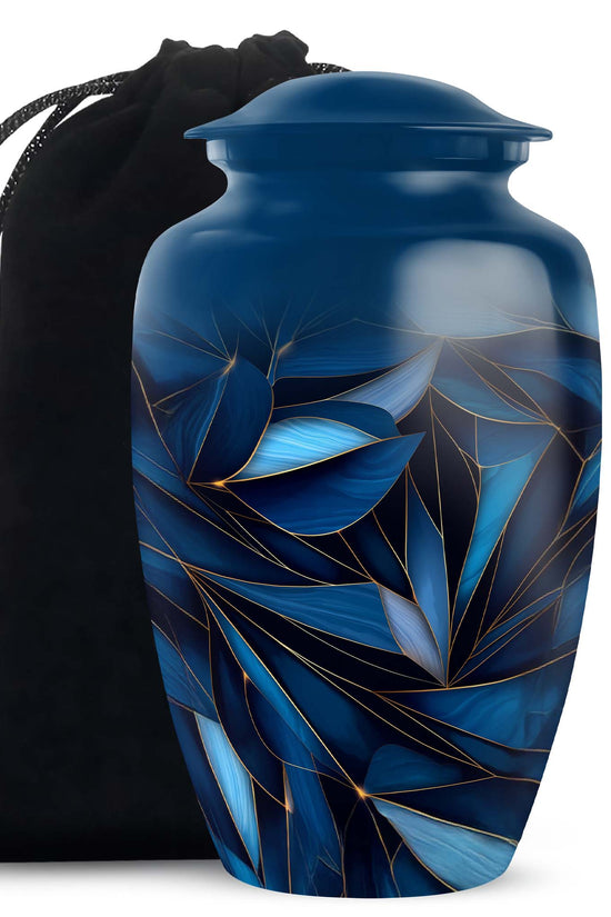 Steel Blue Blue Cremation Urn angled view of lid and engraved motif - traditional blue engraving with hand-polished finish - full-size 10 inch 200 cubic inch adult cremation urn