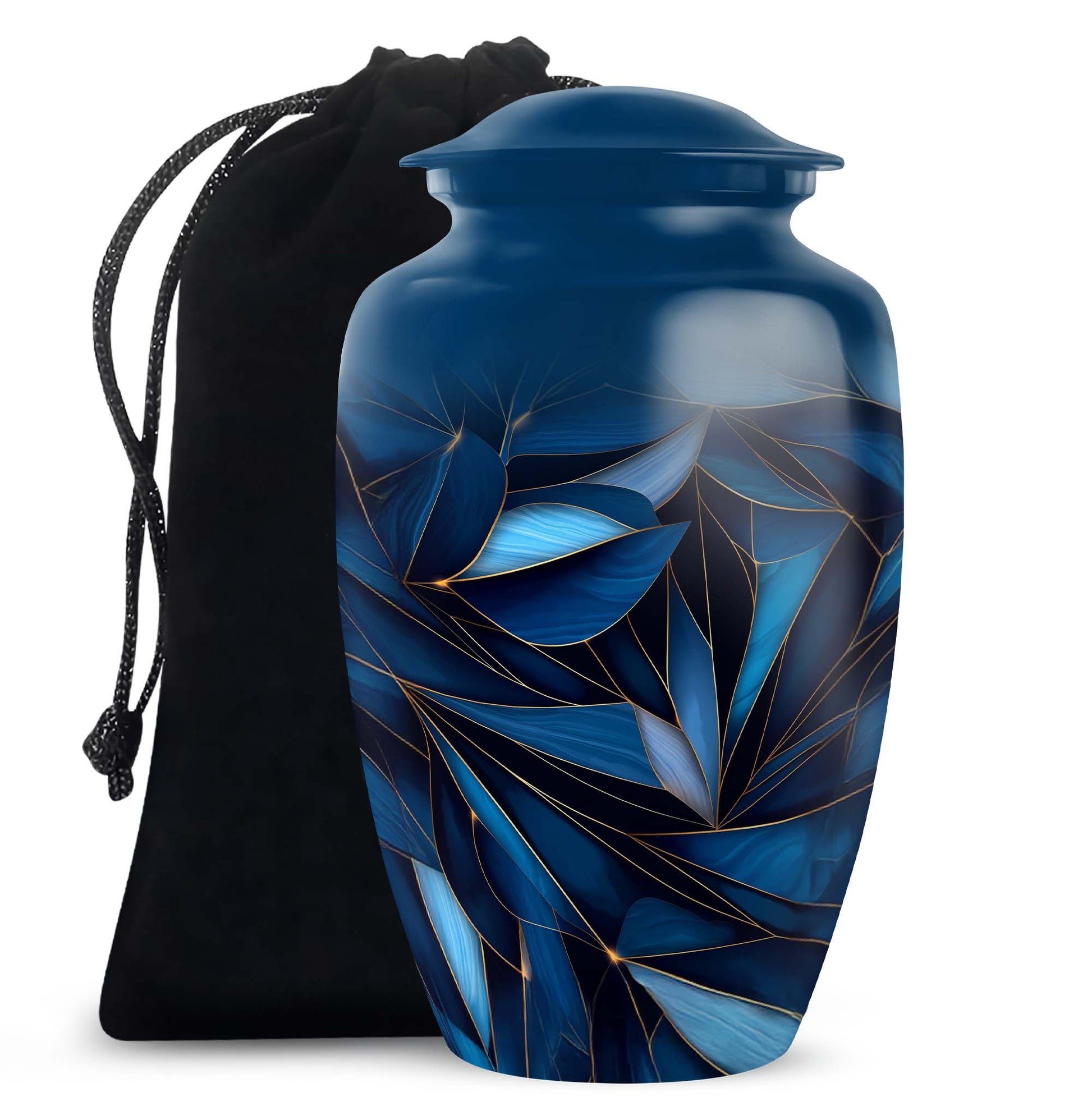 Steel Blue Blue Cremation Urn angled view of lid and engraved motif - traditional blue engraving with hand-polished finish - full-size 10 inch 200 cubic inch adult cremation urn