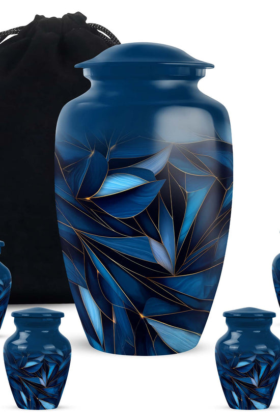 Misty Blue Blue Cremation Urn top-down view of secure threaded lid - classic sculpted blue pattern on smooth aluminum - memorial set with one large and four small urns
