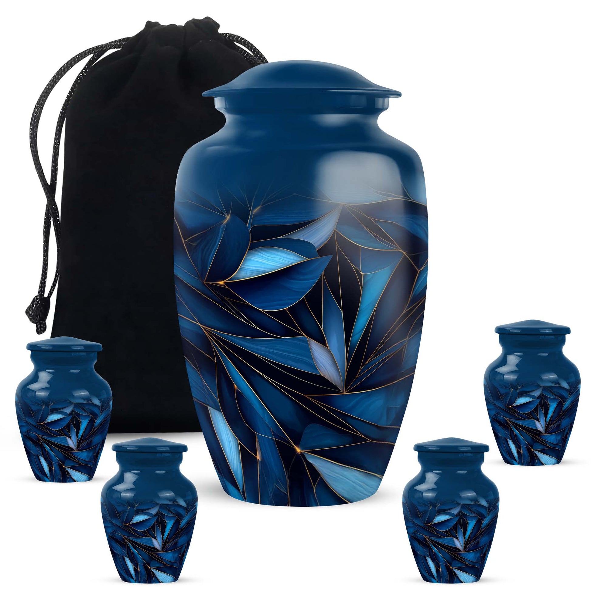 Misty Blue Blue Cremation Urn top-down view of secure threaded lid - classic sculpted blue pattern on smooth aluminum - memorial set with one large and four small urns