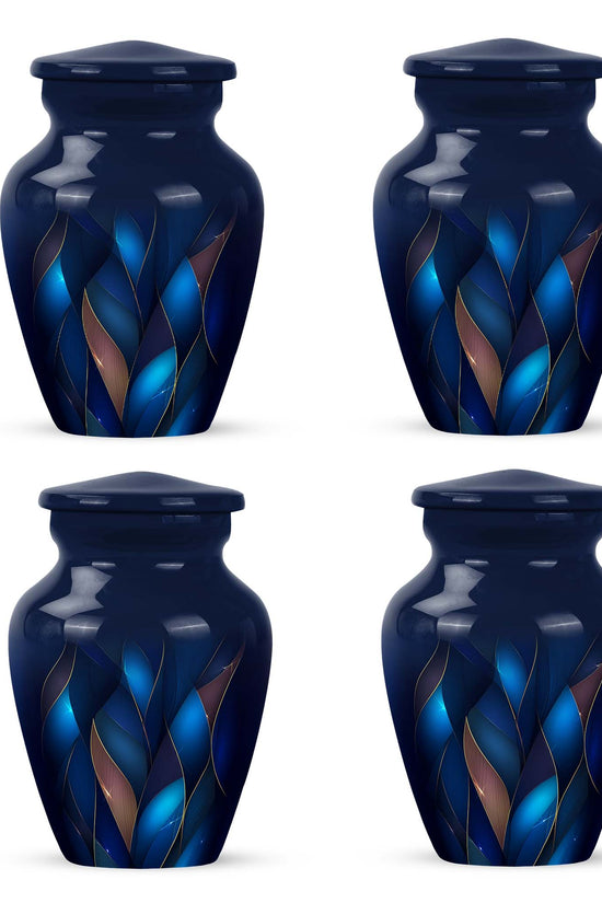 Indigo Blue Cremation Urn side profile showing urn shape - timeless blue motif etched into premium metal - 10 inch aluminum urn for cremated remains
