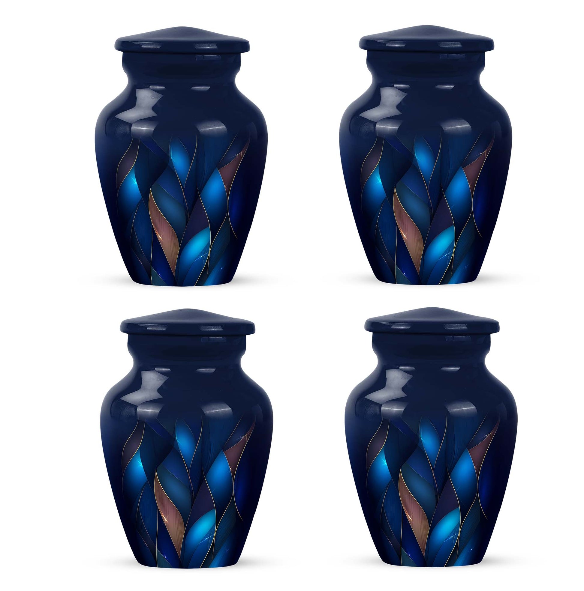 Indigo Blue Cremation Urn side profile showing urn shape - timeless blue motif etched into premium metal - 10 inch aluminum urn for cremated remains